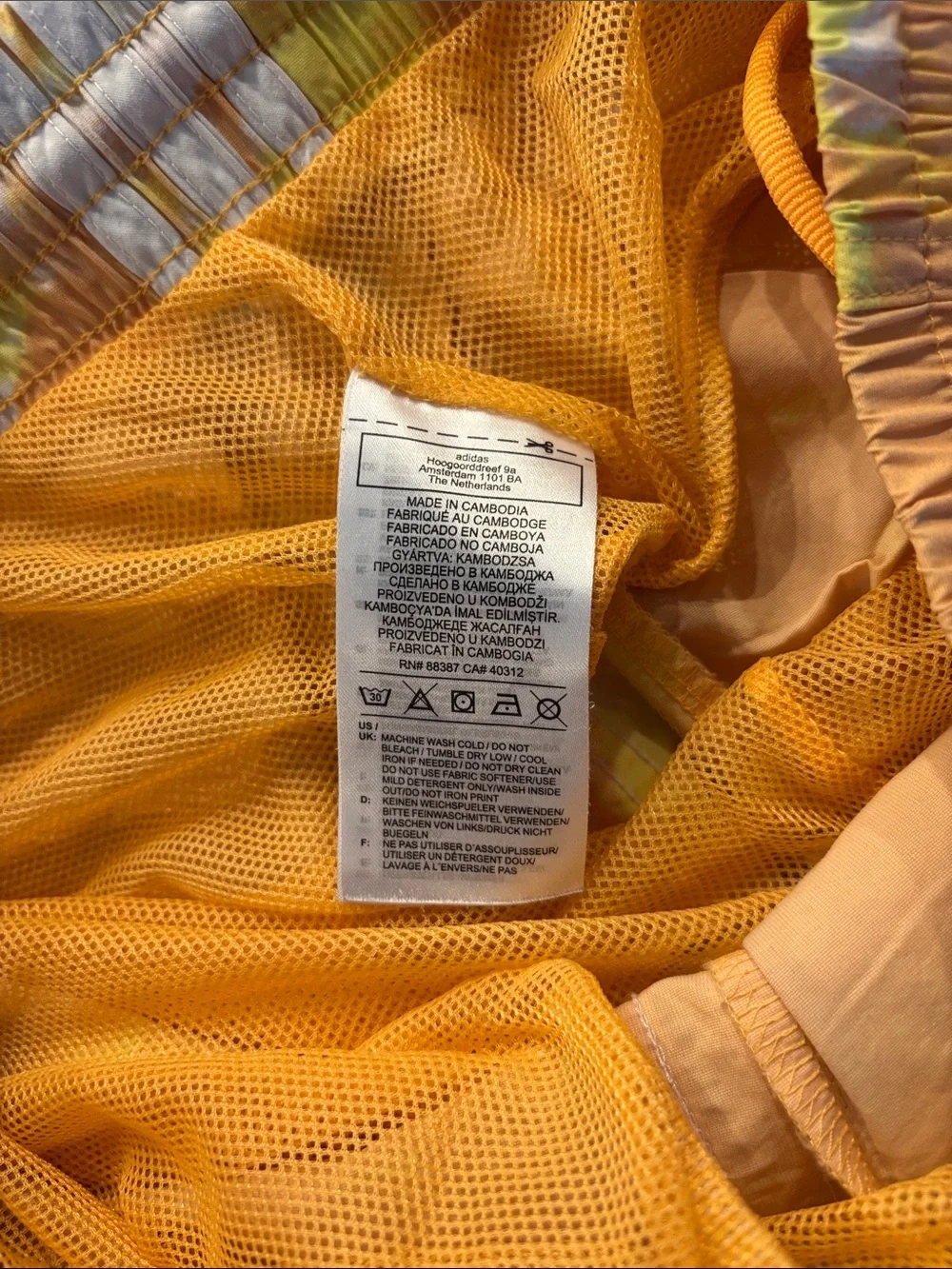 adidas Men's Orange Tie-Dye Swim Trunks with White 3-Stripes